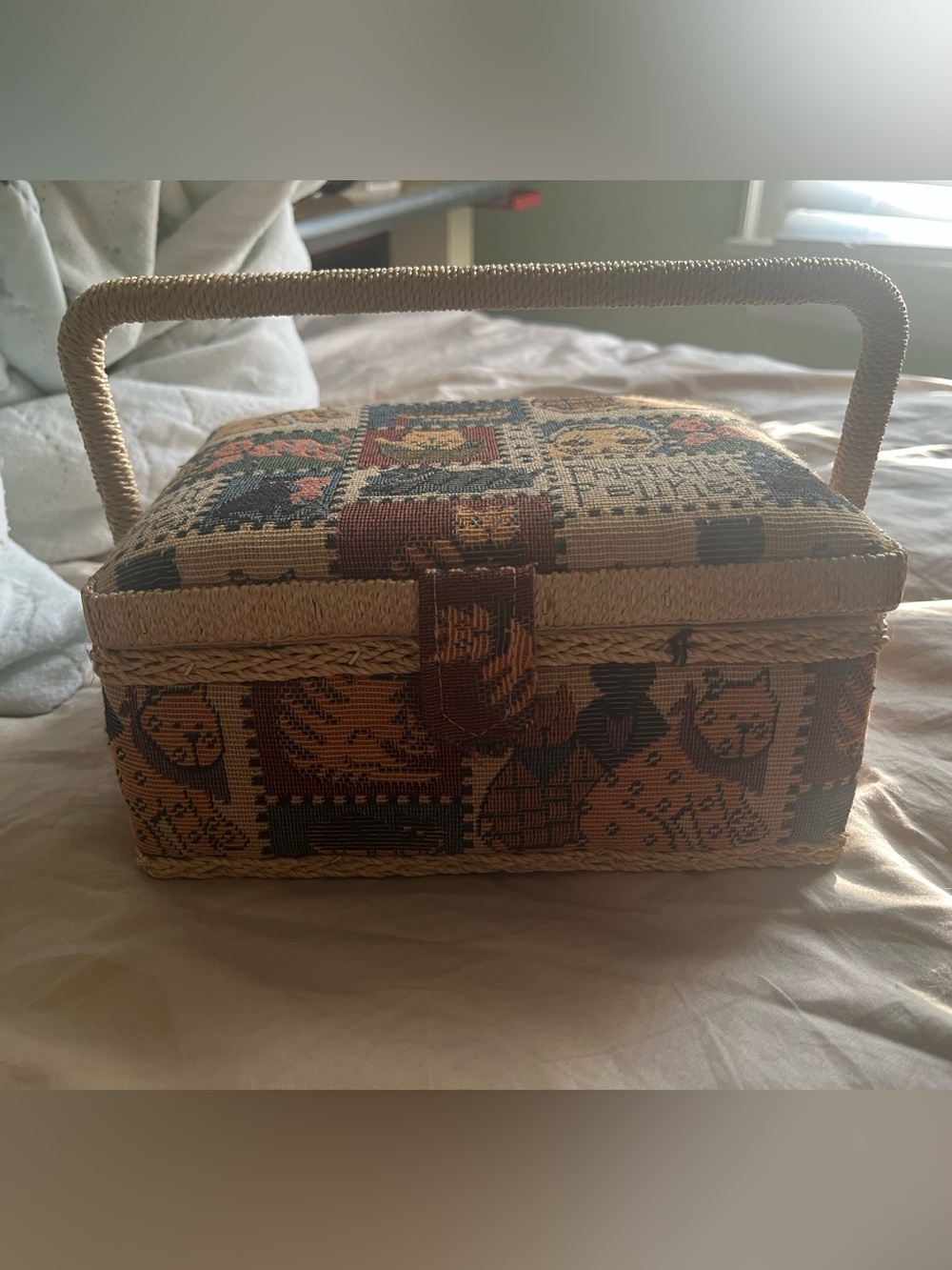 Tapestry covered sewing box."Friendly felines” cat motif